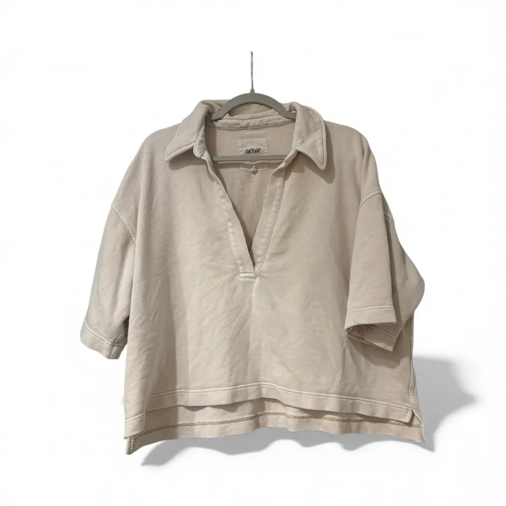 Aerie Beige Cream Sweatshirt Collared Pullover Short Sleeve Shirt - Picture 2 of 7